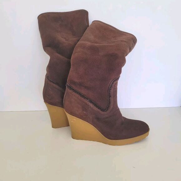 GUCCI Brown MERINO LAMBSKIN SHEARLING Suede Leather WEDGE BOOTS w/FUR Size 35 5 - Picture 2 of 11